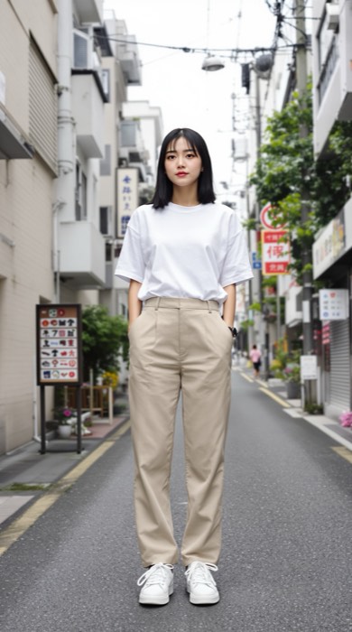 屋外でカジュアルに撮影された女性モデル